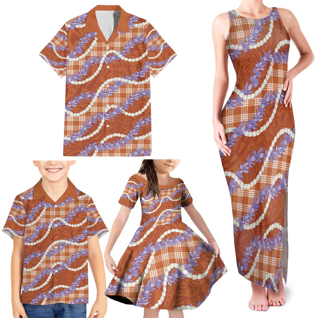 Orange Hawaii Palaka Honohono Pikake Family Matching Tank Maxi Dress and Hawaiian Shirt Hawaiian Orchid Lei Polynesian Pattern - Polynesian Pride