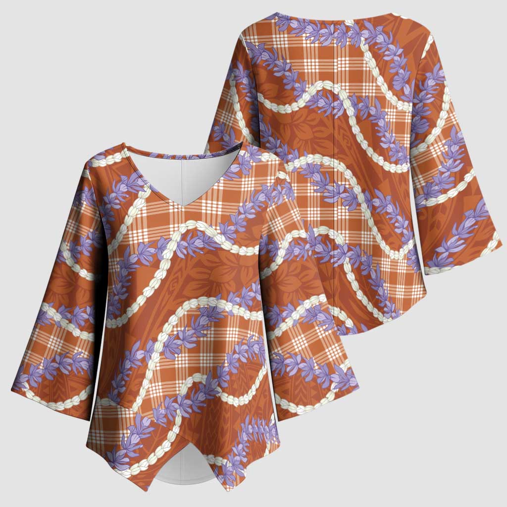Orange Hawaii Palaka Honohono Pikake Kimono Sleeve Blouse Hawaiian Orchid Lei Polynesian Pattern - Polynesian Pride