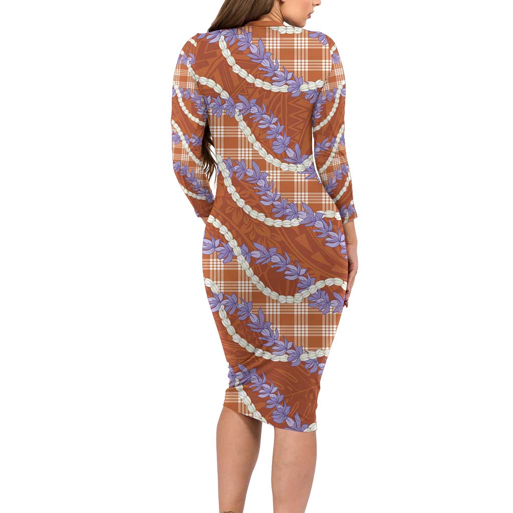 Orange Hawaii Palaka Honohono Pikake Long Sleeve Bodycon Dress Hawaiian Orchid Lei Polynesian Pattern - Polynesian Pride