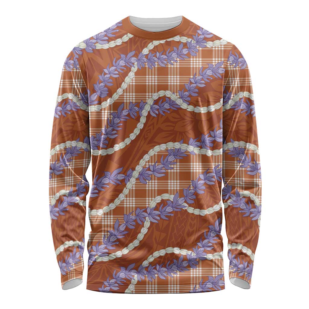 Orange Hawaii Palaka Honohono Pikake Long Sleeve Shirt Hawaiian Orchid Lei Polynesian Pattern - Polynesian Pride