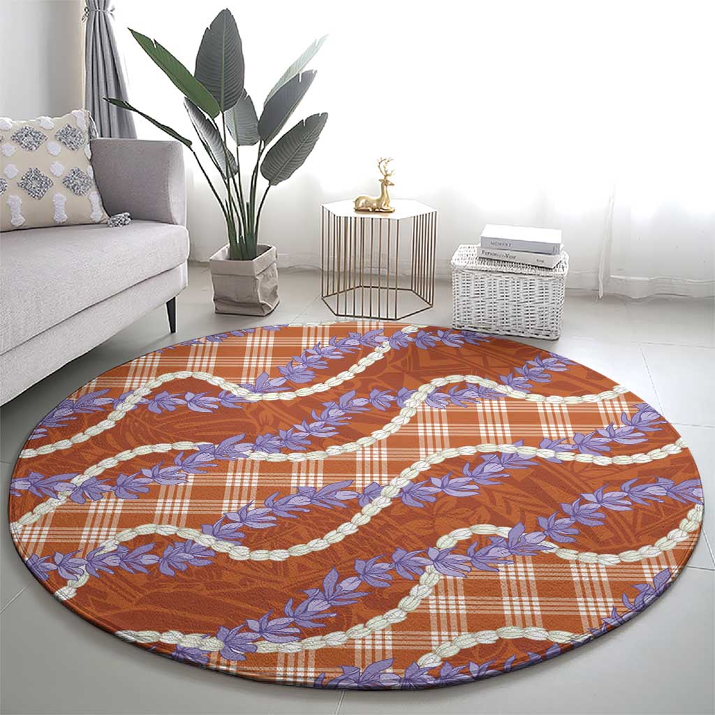 Orange Hawaii Palaka Honohono Pikake Round Carpet Hawaiian Orchid Lei Polynesian Pattern - Polynesian Pride