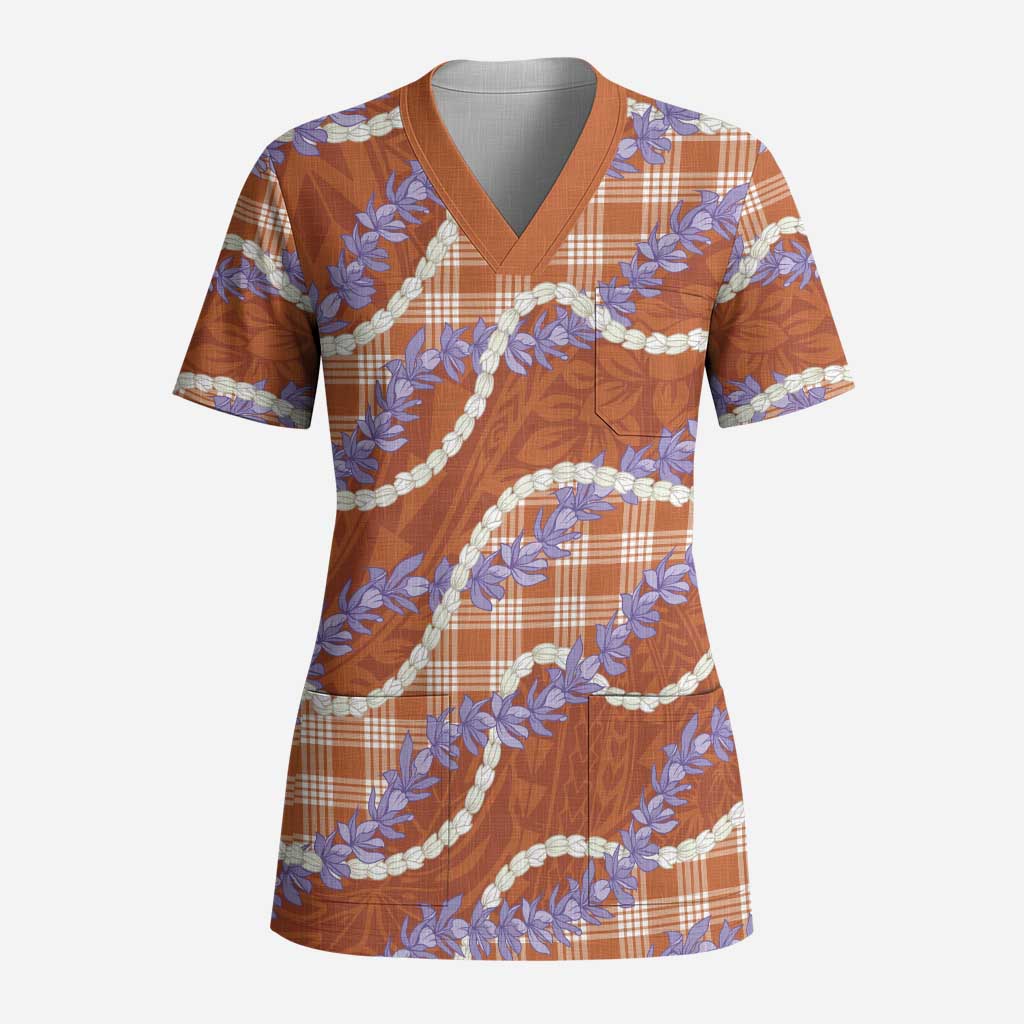Orange Hawaii Palaka Honohono Pikake Scrub Top Hawaiian Orchid Lei Polynesian Pattern - Polynesian Pride