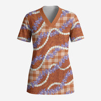 Orange Hawaii Palaka Honohono Pikake Scrub Top Hawaiian Orchid Lei Polynesian Pattern - Polynesian Pride