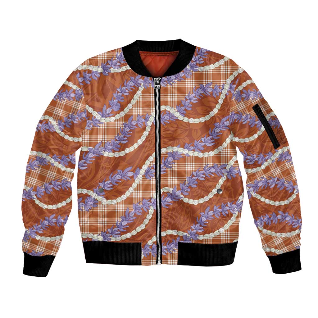 Orange Hawaii Palaka Honohono Pikake Sleeve Zip Bomber Jacket Hawaiian Orchid Lei Polynesian Pattern - Polynesian Pride