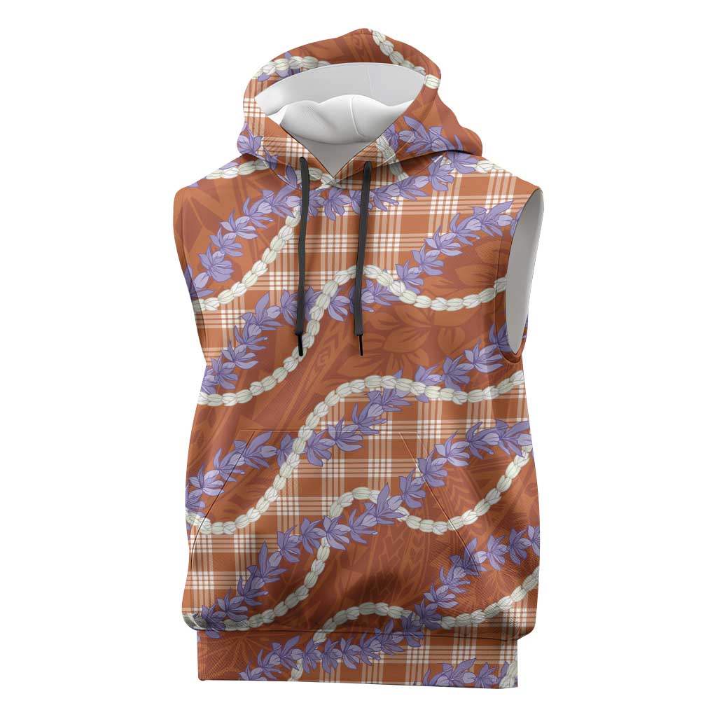 Orange Hawaii Palaka Honohono Pikake Sleeveless Hoodie Hawaiian Orchid Lei Polynesian Pattern - Polynesian Pride