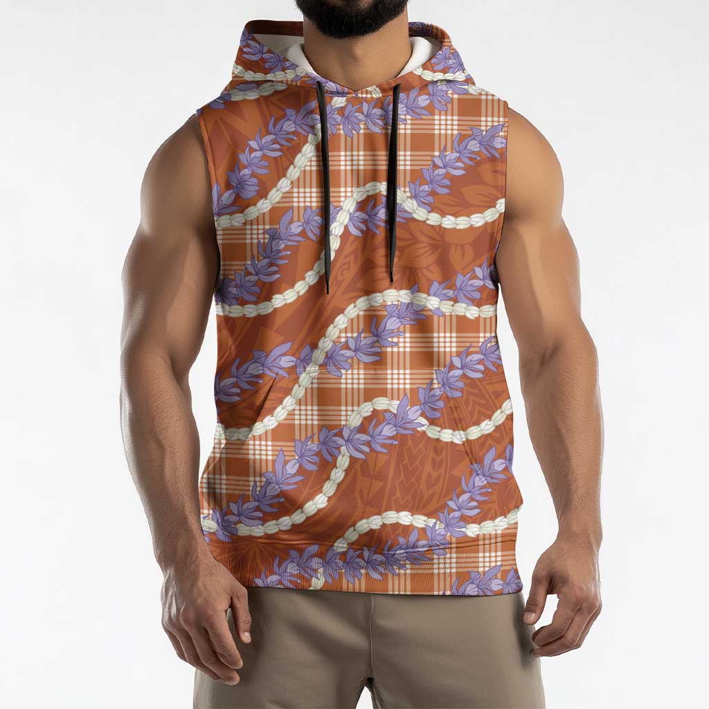 Orange Hawaii Palaka Honohono Pikake Sleeveless Hoodie Hawaiian Orchid Lei Polynesian Pattern - Polynesian Pride
