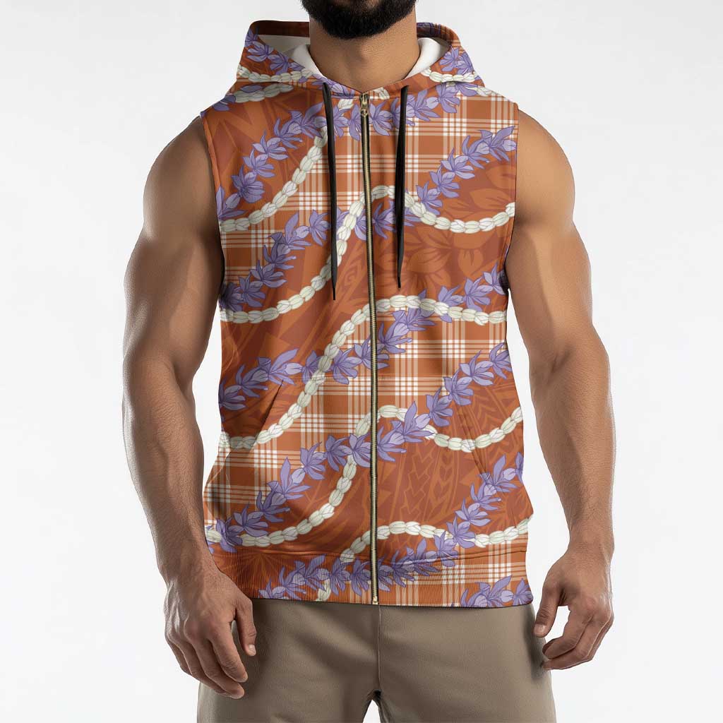 Orange Hawaii Palaka Honohono Pikake Sleeveless Zip Hoodie Hawaiian Orchid Lei Polynesian Pattern - Polynesian Pride