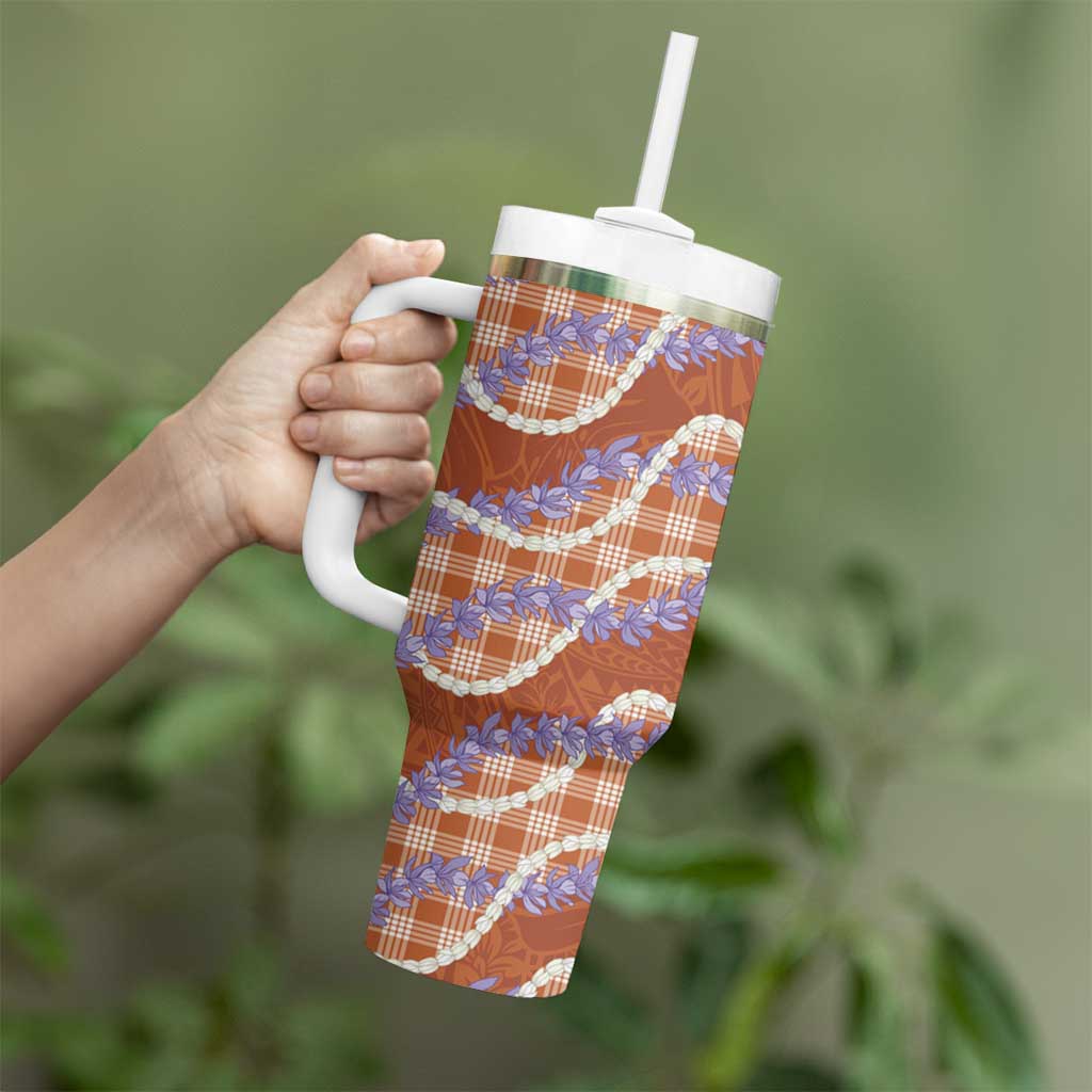 Orange Hawaii Palaka Honohono Pikake Tumbler With Handle Hawaiian Orchid Lei Polynesian Pattern - Polynesian Pride