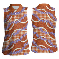 Orange Hawaii Palaka Honohono Pikake Women Sleeveless Polo Shirt Hawaiian Orchid Lei Polynesian Pattern - Polynesian Pride