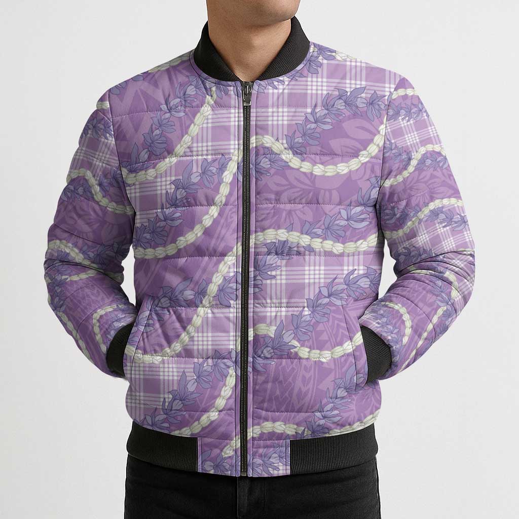 Purple Hawaii Palaka Honohono Pikake Bomber Puffer Jacket Hawaiian Orchid Lei Polynesian Pattern - Polynesian Pride