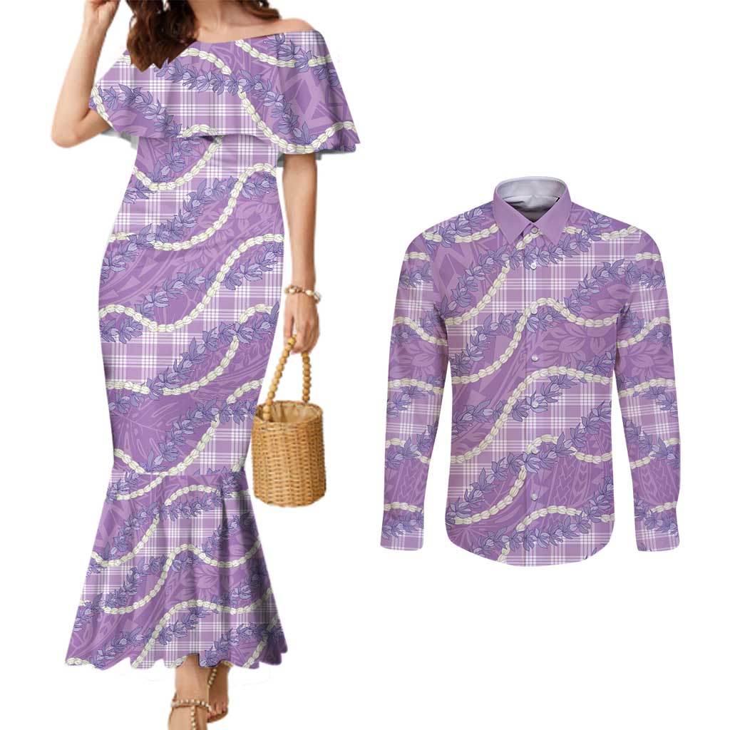 Purple Hawaii Palaka Honohono Pikake Couples Matching Mermaid Dress and Long Sleeve Button Shirt Hawaiian Orchid Lei Polynesian Pattern - Polynesian Pride