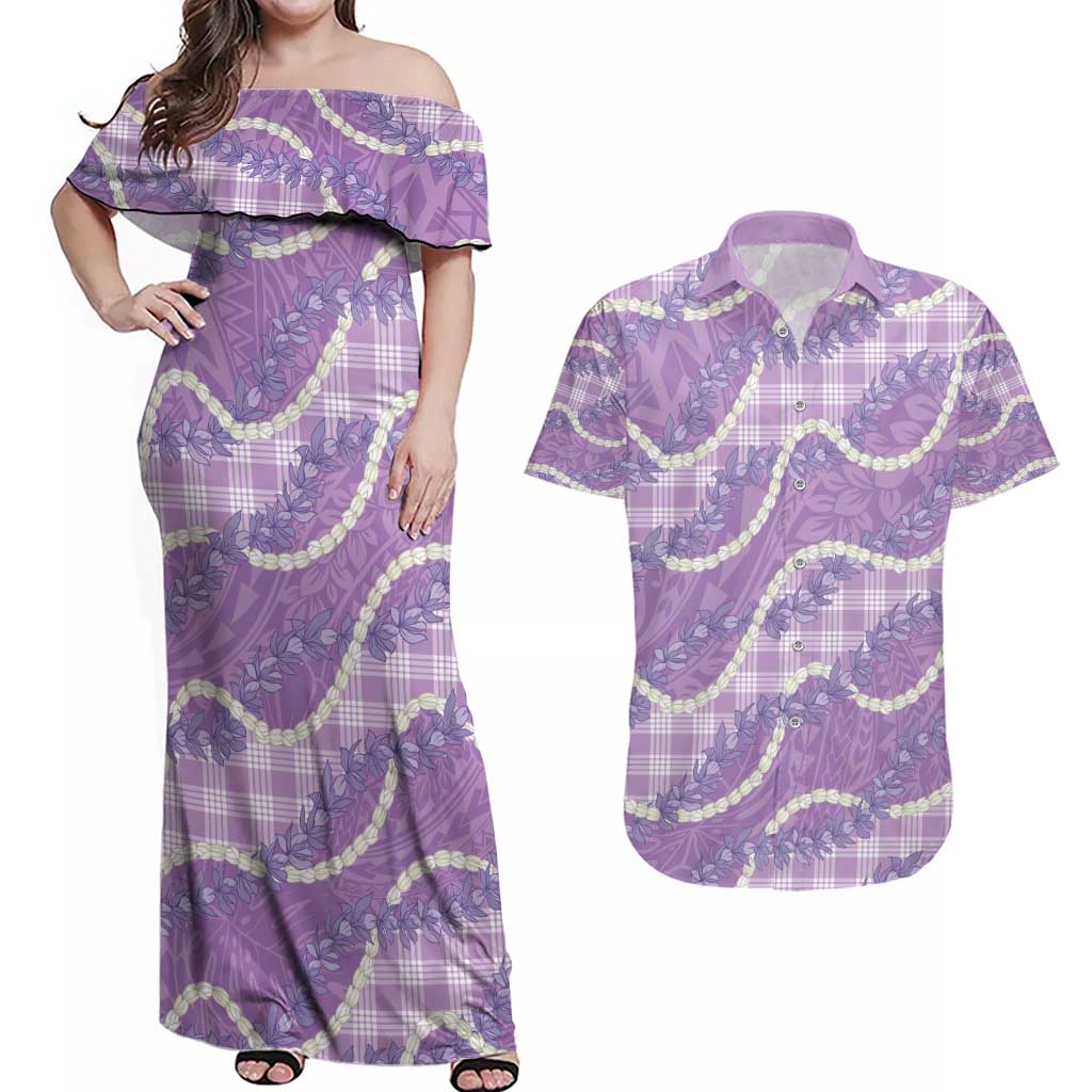 Purple Hawaii Palaka Honohono Pikake Couples Matching Off Shoulder Maxi Dress and Hawaiian Shirt Hawaiian Orchid Lei Polynesian Pattern - Polynesian Pride