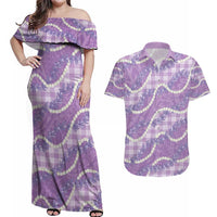 Purple Hawaii Palaka Honohono Pikake Couples Matching Off Shoulder Maxi Dress and Hawaiian Shirt Hawaiian Orchid Lei Polynesian Pattern - Polynesian Pride