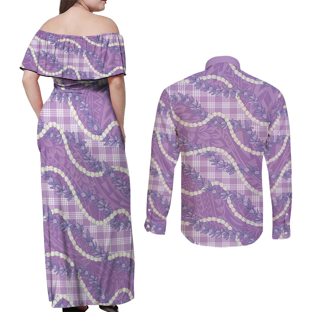 Purple Hawaii Palaka Honohono Pikake Couples Matching Off Shoulder Maxi Dress and Long Sleeve Button Shirt Hawaiian Orchid Lei Polynesian Pattern - Polynesian Pride