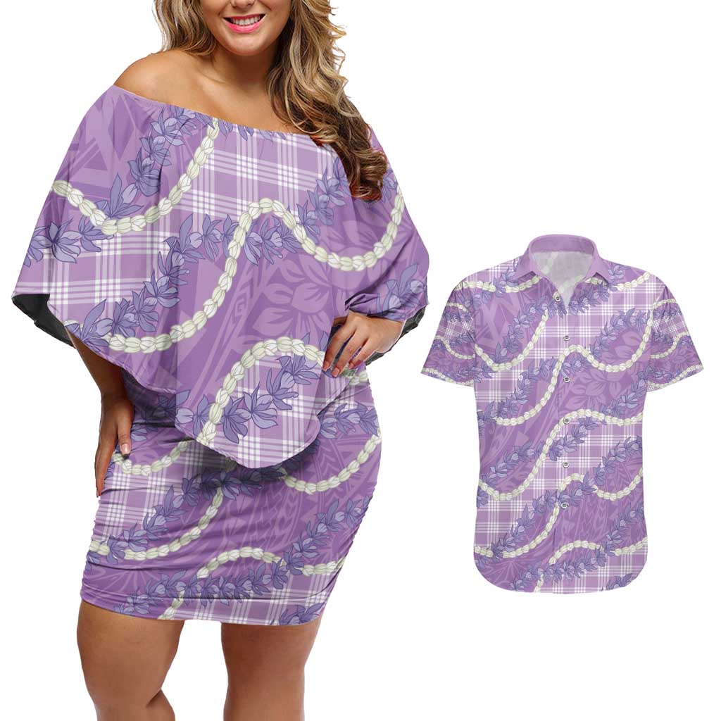 Purple Hawaii Palaka Honohono Pikake Couples Matching Off Shoulder Short Dress and Hawaiian Shirt Hawaiian Orchid Lei Polynesian Pattern - Polynesian Pride
