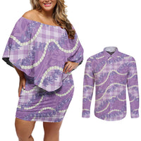 Purple Hawaii Palaka Honohono Pikake Couples Matching Off Shoulder Short Dress and Long Sleeve Button Shirt Hawaiian Orchid Lei Polynesian Pattern - Polynesian Pride
