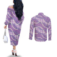 Purple Hawaii Palaka Honohono Pikake Couples Matching Off The Shoulder Long Sleeve Dress and Long Sleeve Button Shirt Hawaiian Orchid Lei Polynesian Pattern - Polynesian Pride