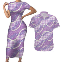 Purple Hawaii Palaka Honohono Pikake Couples Matching Short Sleeve Bodycon Dress and Hawaiian Shirt Hawaiian Orchid Lei Polynesian Pattern - Polynesian Pride