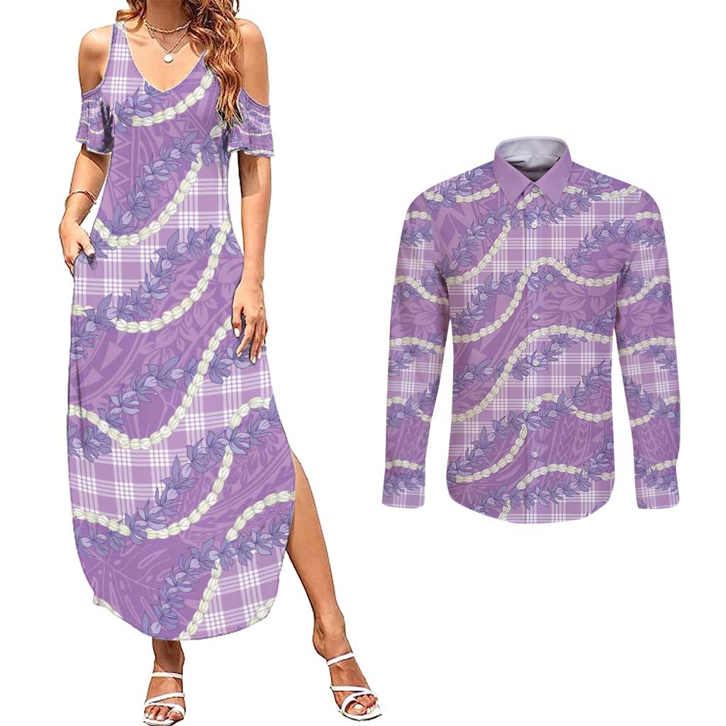 Purple Hawaii Palaka Honohono Pikake Couples Matching Summer Maxi Dress and Long Sleeve Button Shirt Hawaiian Orchid Lei Polynesian Pattern - Polynesian Pride
