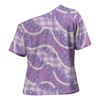 Purple Hawaii Palaka Honohono Pikake Cross Shoulder Shirt Hawaiian Orchid Lei Polynesian Pattern - Polynesian Pride