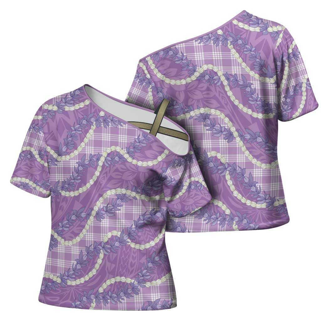 Purple Hawaii Palaka Honohono Pikake Cross Shoulder Shirt Hawaiian Orchid Lei Polynesian Pattern - Polynesian Pride