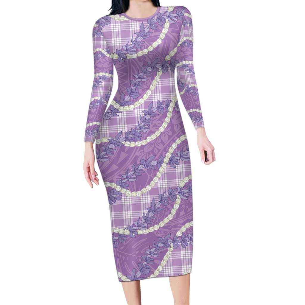Purple Hawaii Palaka Honohono Pikake Long Sleeve Bodycon Dress Hawaiian Orchid Lei Polynesian Pattern - Polynesian Pride