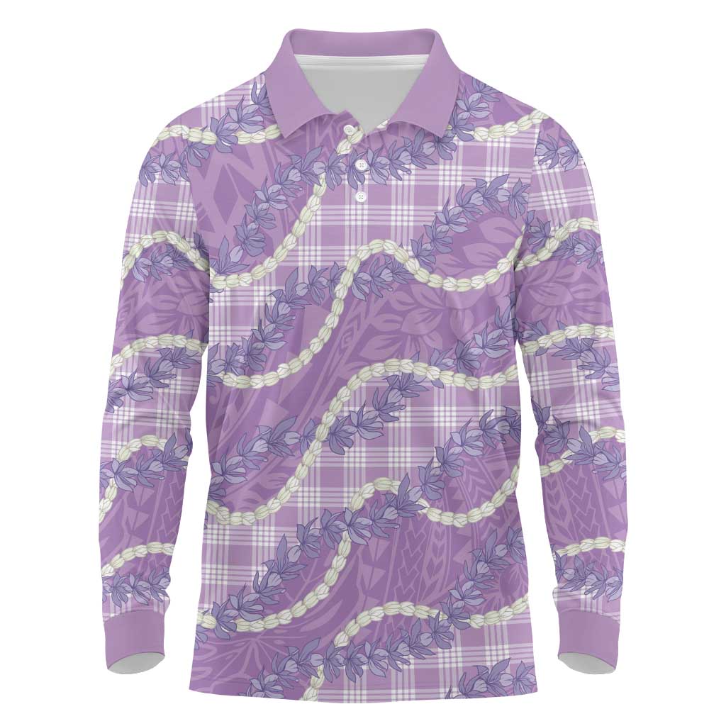 Purple Hawaii Palaka Honohono Pikake Long Sleeve Polo Shirt Hawaiian Orchid Lei Polynesian Pattern - Polynesian Pride