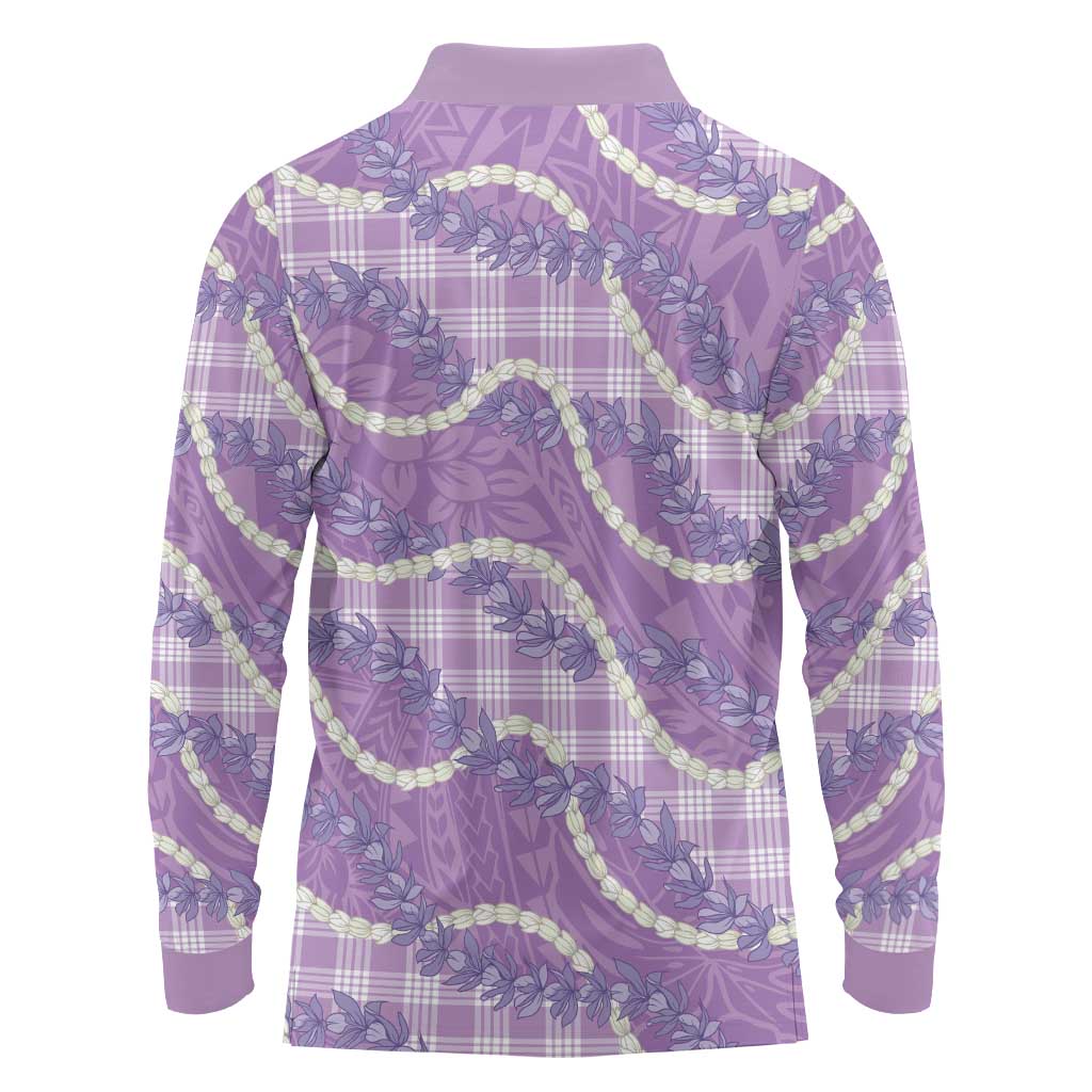 Purple Hawaii Palaka Honohono Pikake Long Sleeve Polo Shirt Hawaiian Orchid Lei Polynesian Pattern - Polynesian Pride