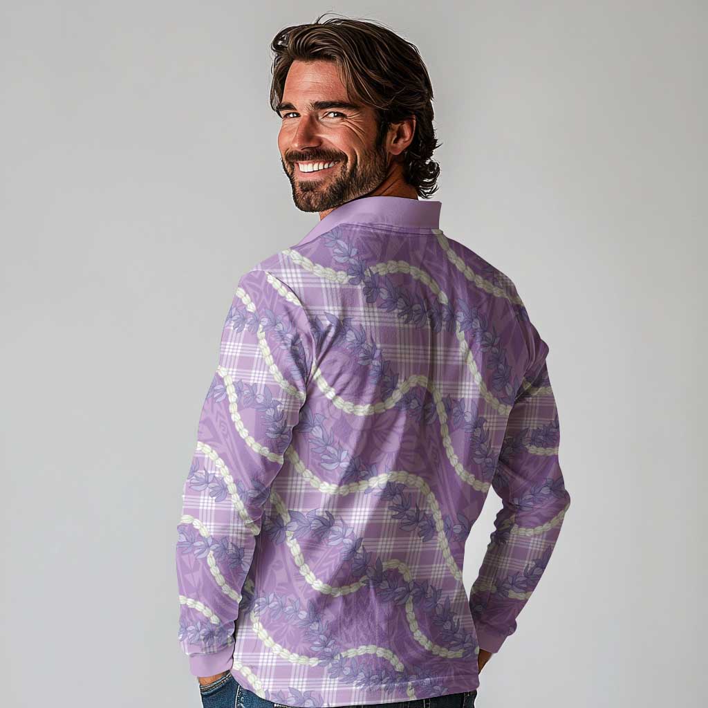 Purple Hawaii Palaka Honohono Pikake Long Sleeve Polo Shirt Hawaiian Orchid Lei Polynesian Pattern - Polynesian Pride