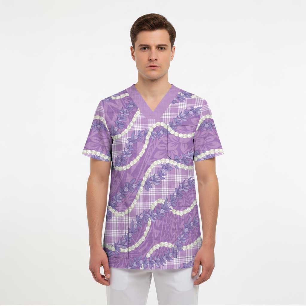 Purple Hawaii Palaka Honohono Pikake Scrub Top Hawaiian Orchid Lei Polynesian Pattern - Polynesian Pride