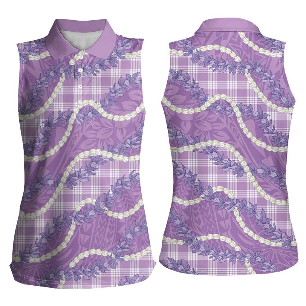Purple Hawaii Palaka Honohono Pikake Women Sleeveless Polo Shirt Hawaiian Orchid Lei Polynesian Pattern - Polynesian Pride