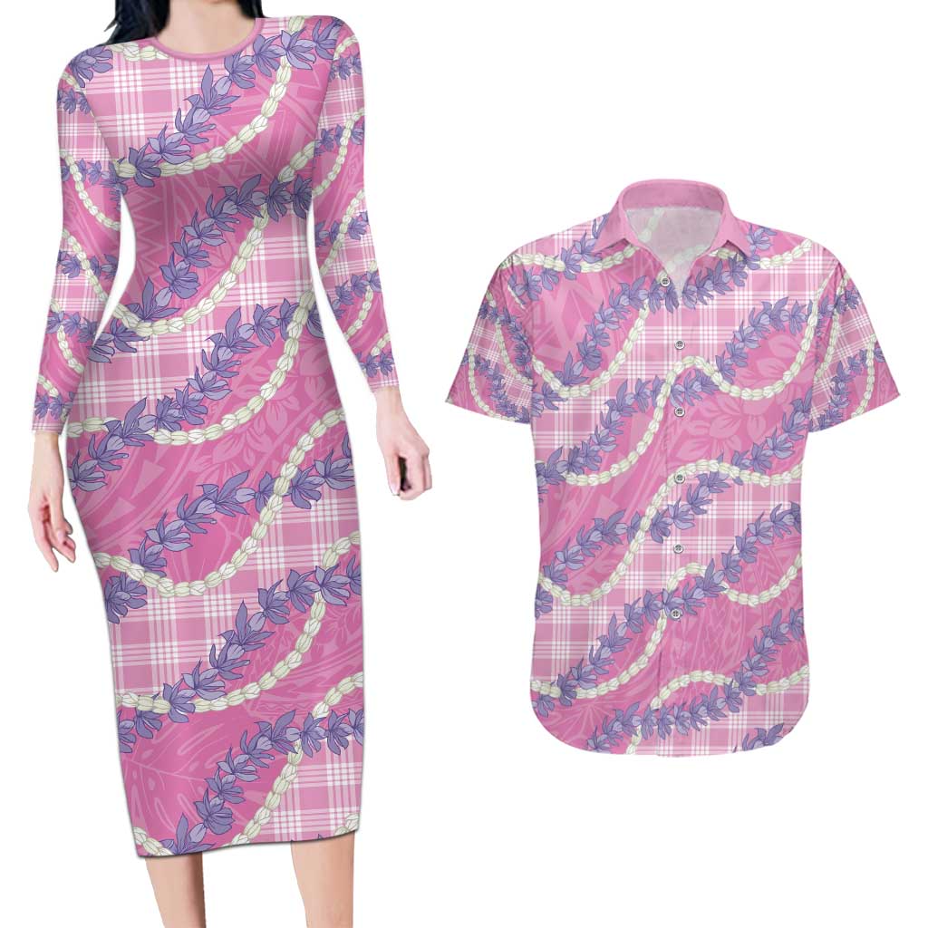 Pink Hawaii Palaka Honohono Pikake Couples Matching Long Sleeve Bodycon Dress and Hawaiian Shirt Hawaiian Orchid Lei Polynesian Pattern - Polynesian Pride