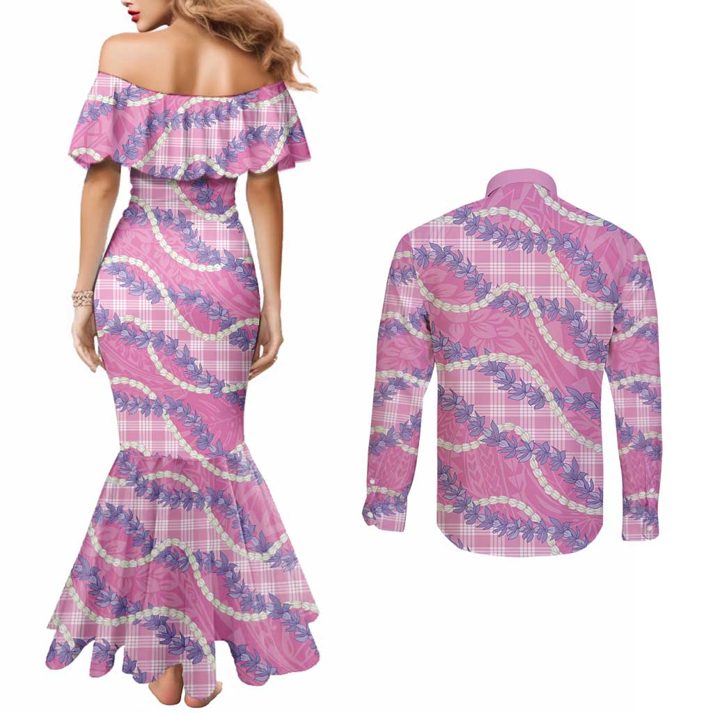 Pink Hawaii Palaka Honohono Pikake Couples Matching Mermaid Dress and Long Sleeve Button Shirt Hawaiian Orchid Lei Polynesian Pattern - Polynesian Pride