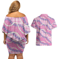 Pink Hawaii Palaka Honohono Pikake Couples Matching Off Shoulder Short Dress and Hawaiian Shirt Hawaiian Orchid Lei Polynesian Pattern - Polynesian Pride