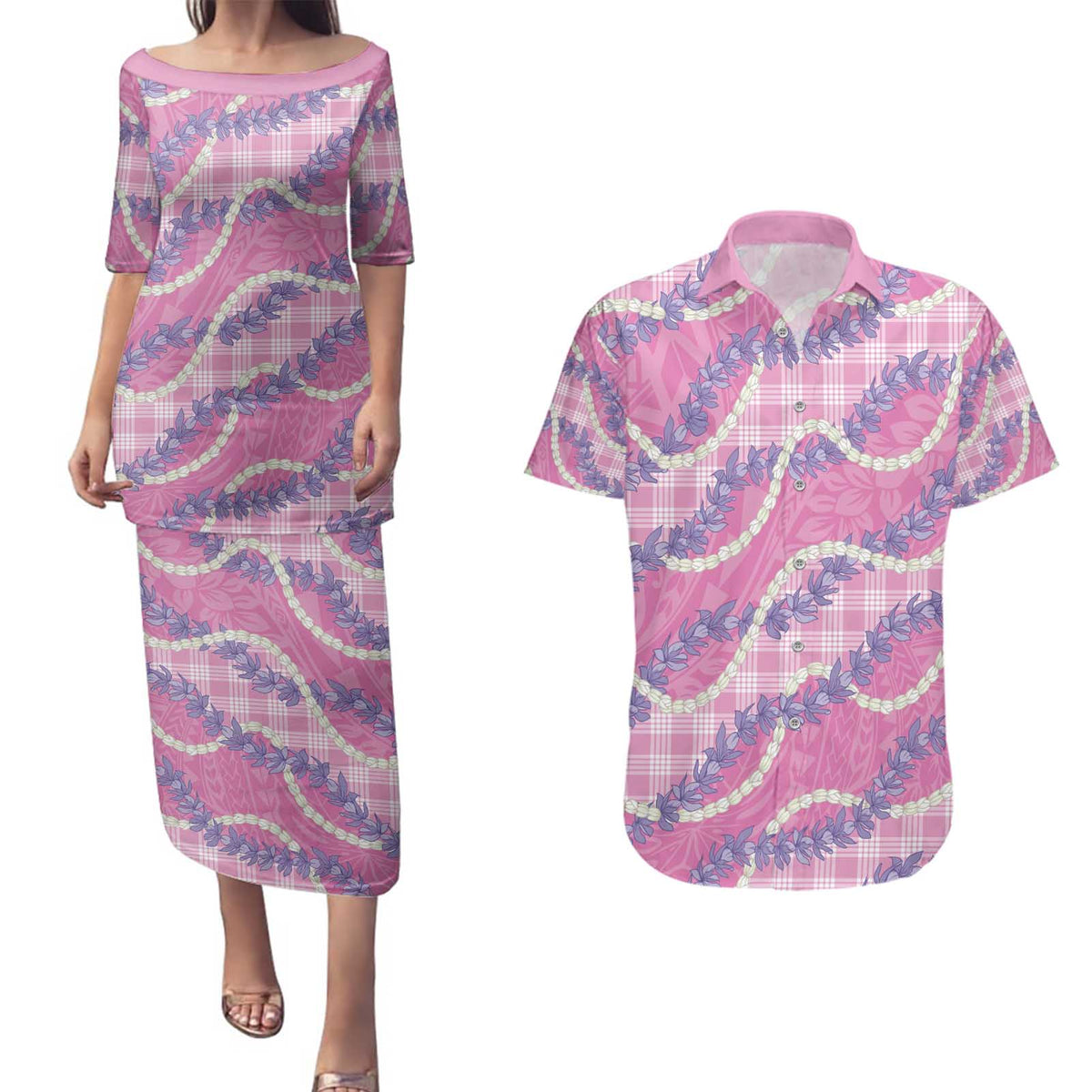 Pink Hawaii Palaka Honohono Pikake Couples Matching Puletasi and Hawaiian Shirt Hawaiian Orchid Lei Polynesian Pattern - Polynesian Pride