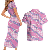 Pink Hawaii Palaka Honohono Pikake Couples Matching Short Sleeve Bodycon Dress and Hawaiian Shirt Hawaiian Orchid Lei Polynesian Pattern - Polynesian Pride