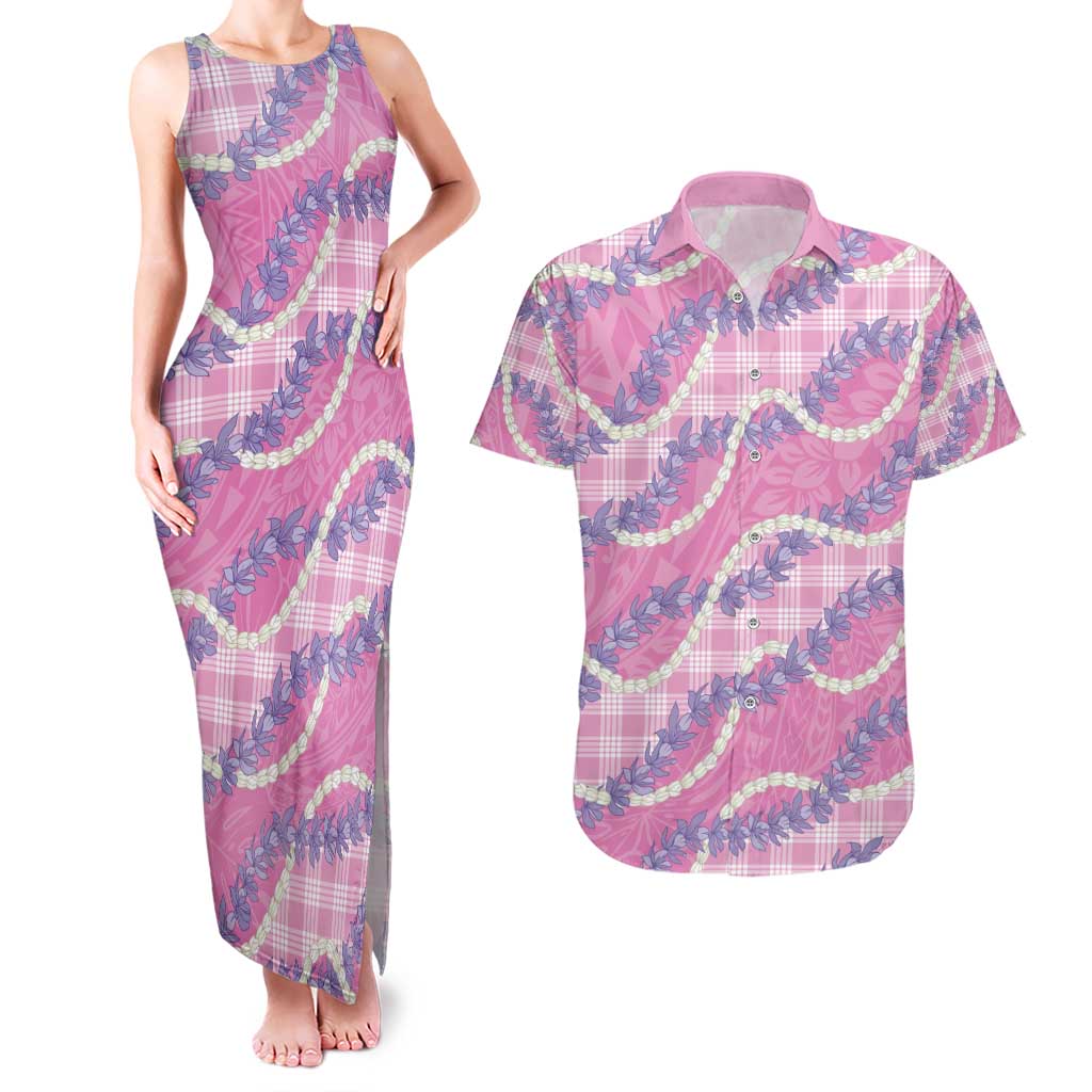Pink Hawaii Palaka Honohono Pikake Couples Matching Tank Maxi Dress and Hawaiian Shirt Hawaiian Orchid Lei Polynesian Pattern - Polynesian Pride