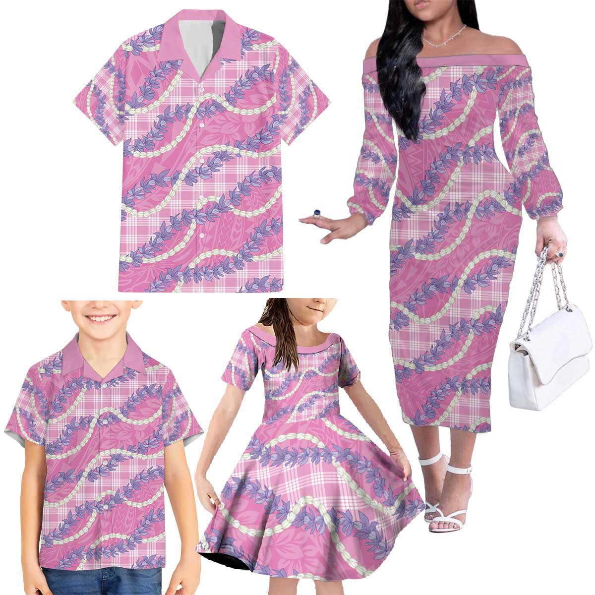 Pink Hawaii Palaka Honohono Pikake Family Matching Off The Shoulder Long Sleeve Dress and Hawaiian Shirt Hawaiian Orchid Lei Polynesian Pattern - Polynesian Pride