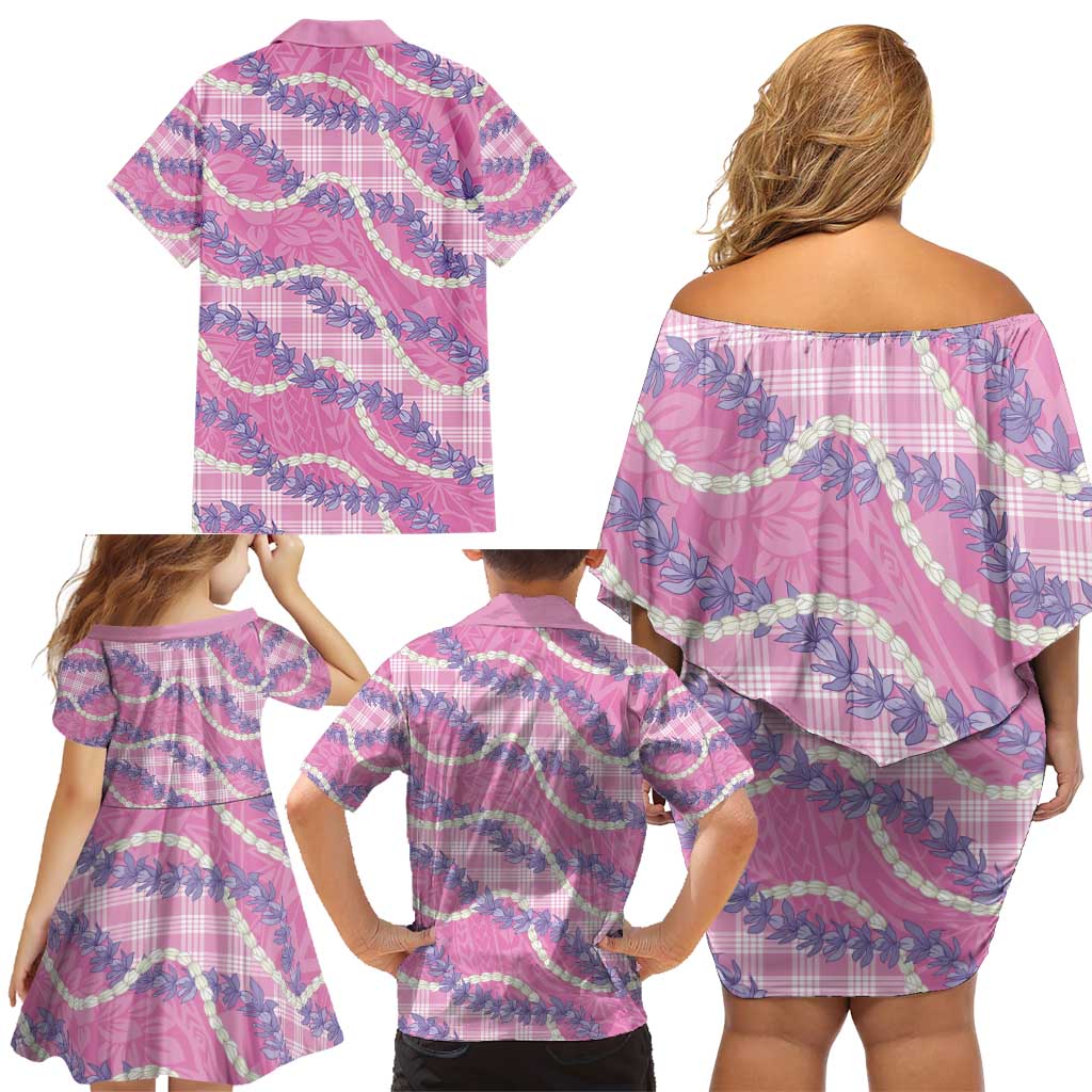 Pink Hawaii Palaka Honohono Pikake Family Matching Off Shoulder Short Dress and Hawaiian Shirt Hawaiian Orchid Lei Polynesian Pattern - Polynesian Pride