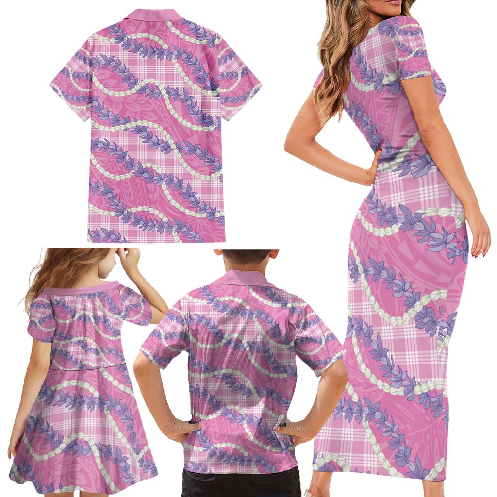 Pink Hawaii Palaka Honohono Pikake Family Matching Short Sleeve Bodycon Dress and Hawaiian Shirt Hawaiian Orchid Lei Polynesian Pattern - Polynesian Pride