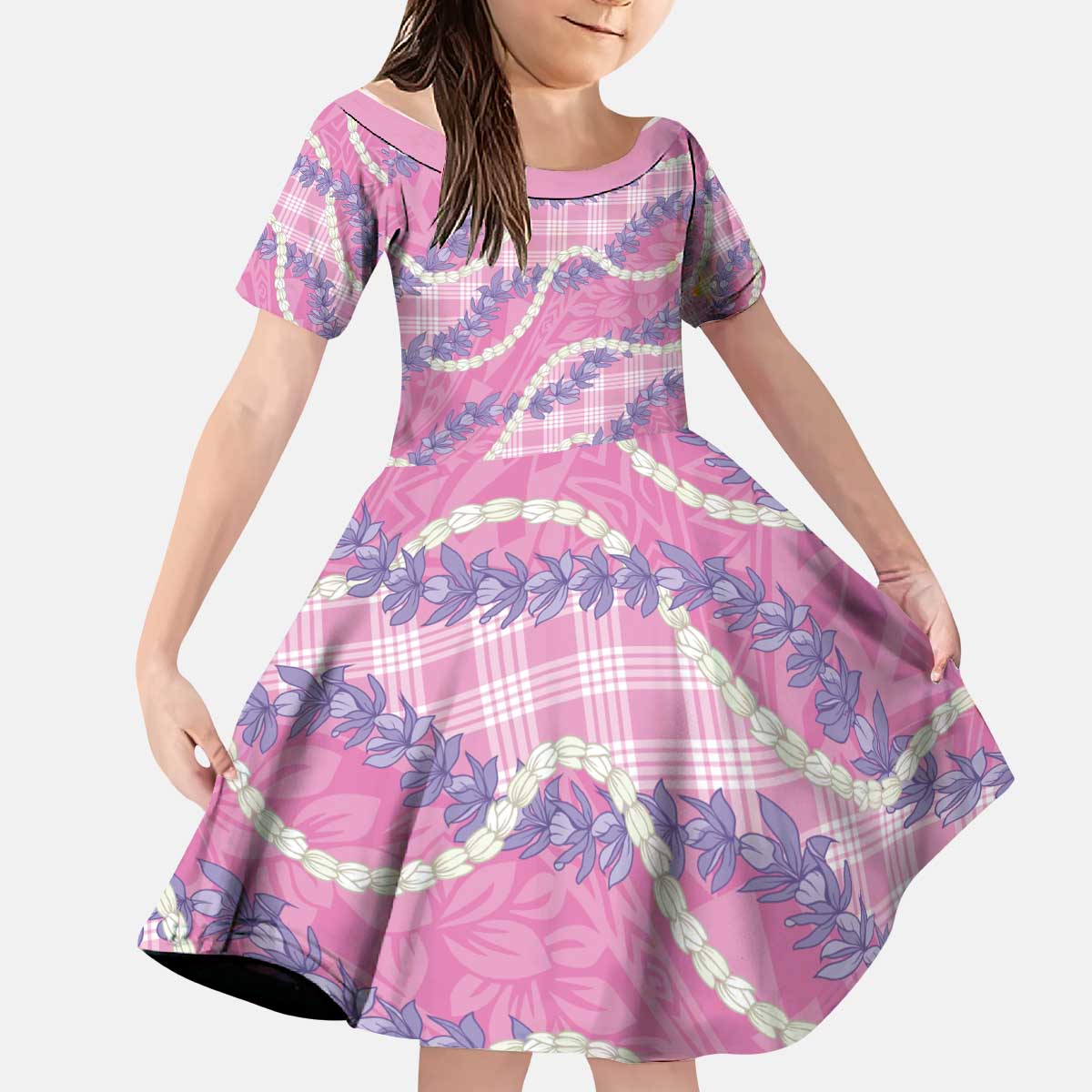 Pink Hawaii Palaka Honohono Pikake Kid Short Sleeve Dress Hawaiian Orchid Lei Polynesian Pattern - Polynesian Pride