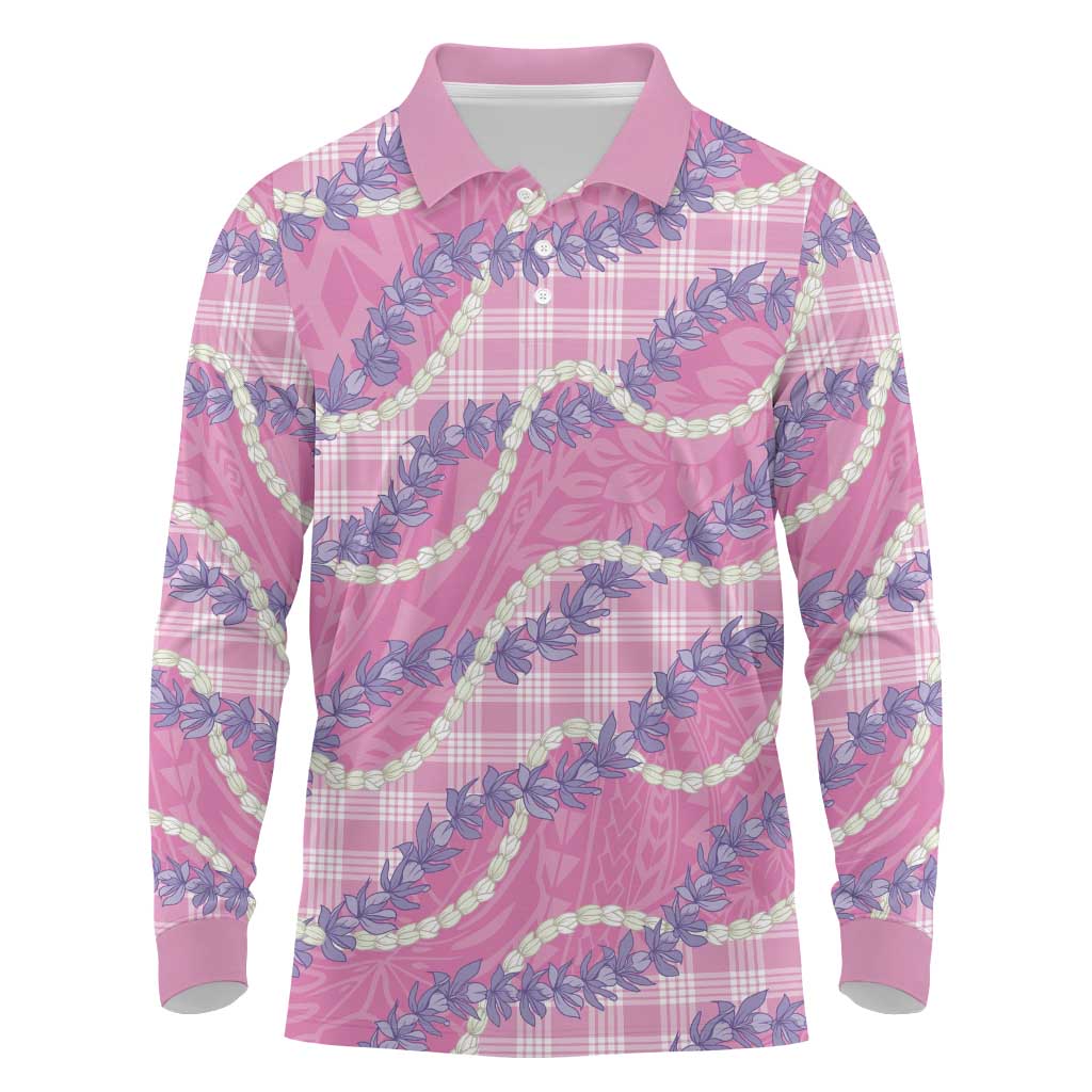 Pink Hawaii Palaka Honohono Pikake Long Sleeve Polo Shirt Hawaiian Orchid Lei Polynesian Pattern - Polynesian Pride