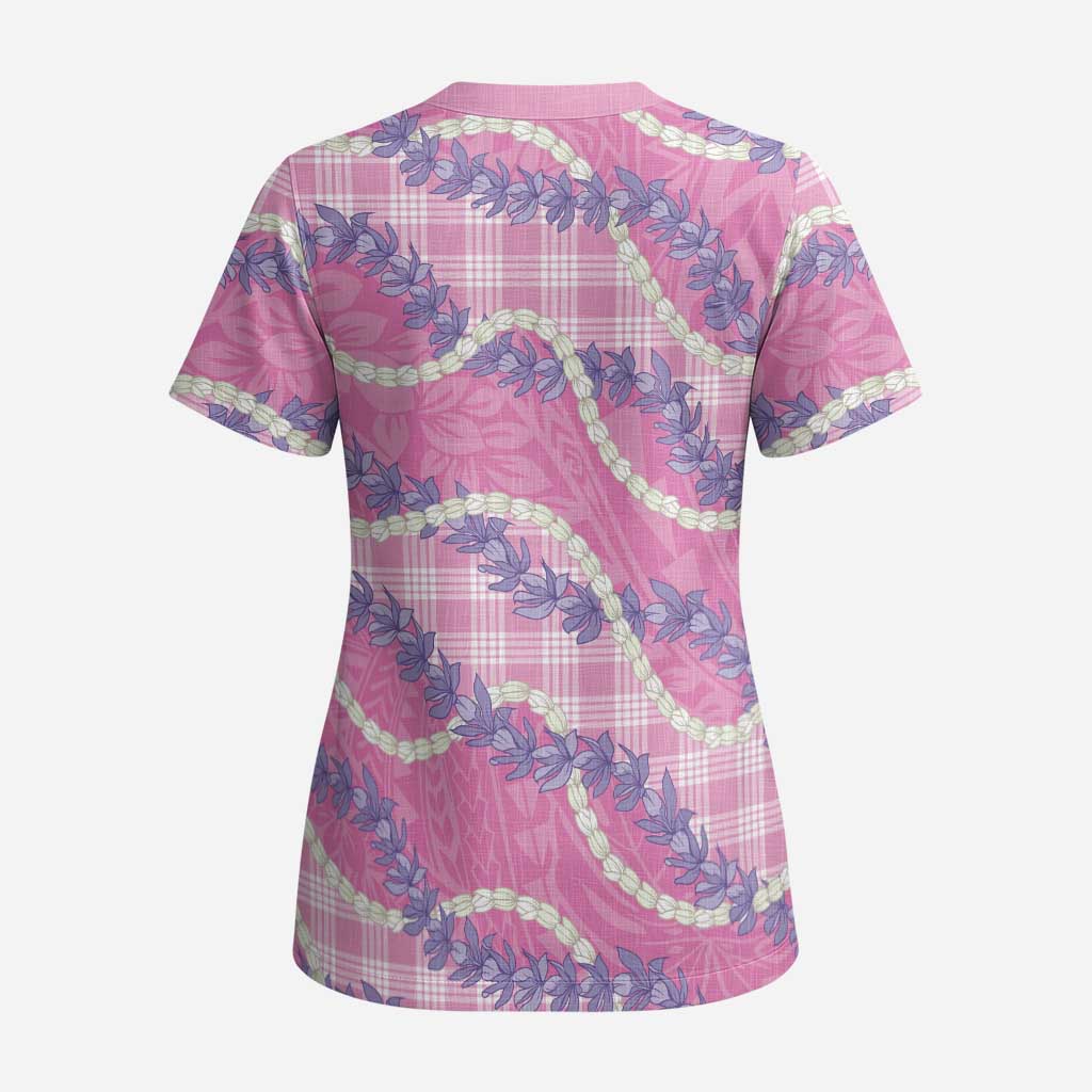 Pink Hawaii Palaka Honohono Pikake Scrub Top Hawaiian Orchid Lei Polynesian Pattern - Polynesian Pride