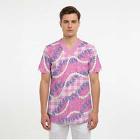 Pink Hawaii Palaka Honohono Pikake Scrub Top Hawaiian Orchid Lei Polynesian Pattern - Polynesian Pride