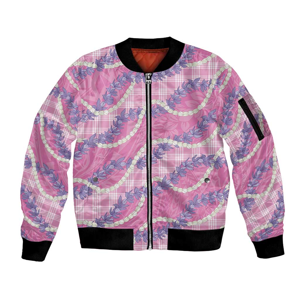 Pink Hawaii Palaka Honohono Pikake Sleeve Zip Bomber Jacket Hawaiian Orchid Lei Polynesian Pattern - Polynesian Pride