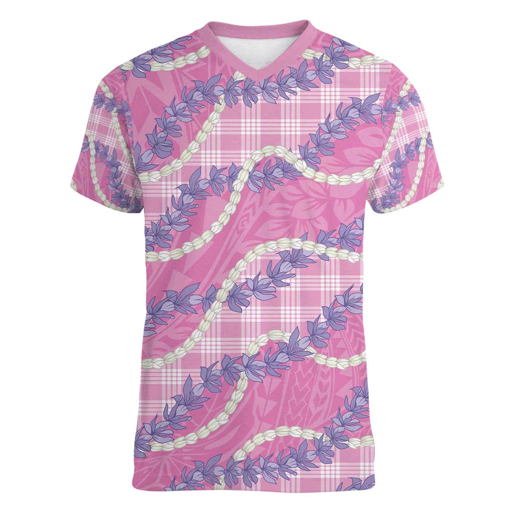 Pink Hawaii Palaka Honohono Pikake Women V-Neck T-Shirt Hawaiian Orchid Lei Polynesian Pattern - Polynesian Pride