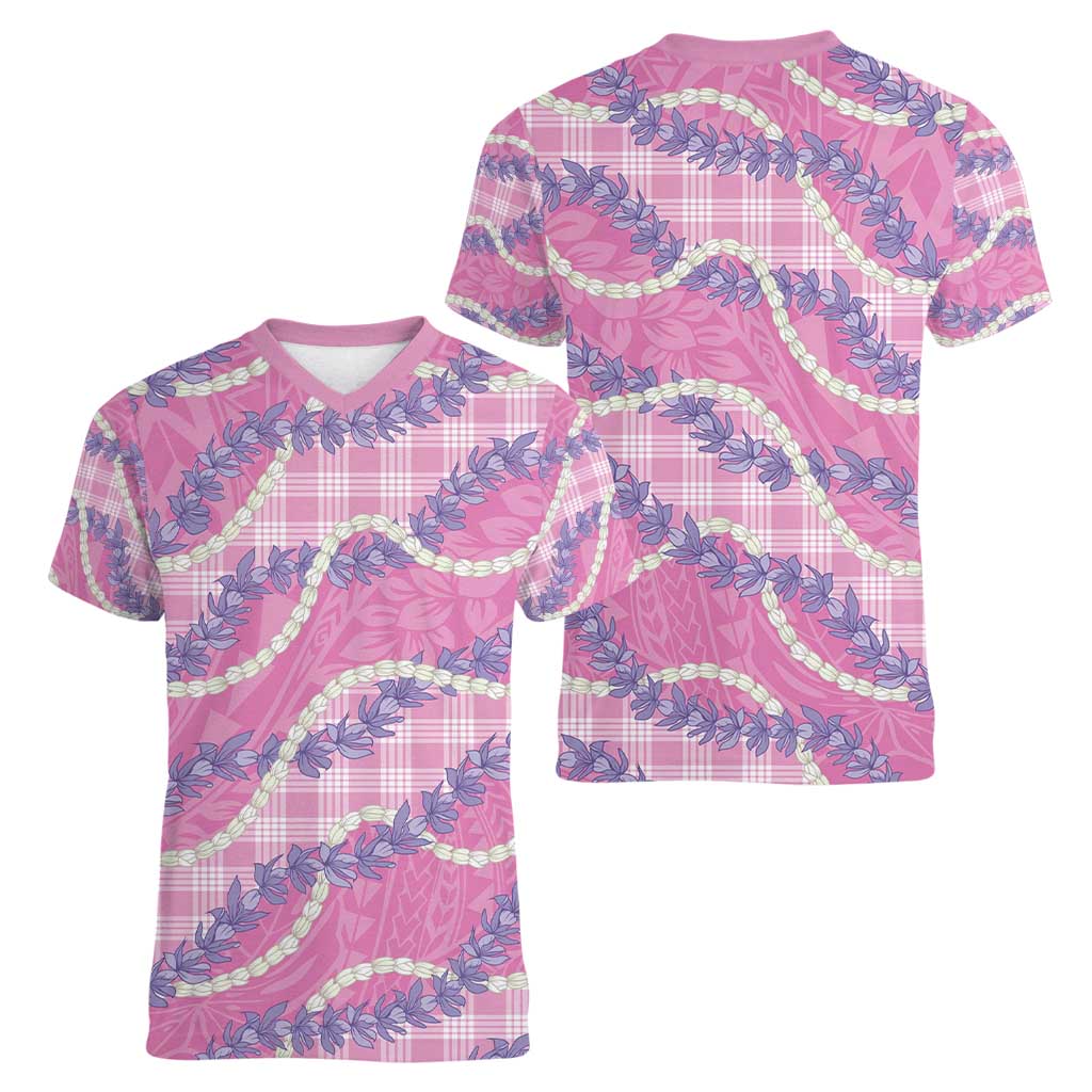 Pink Hawaii Palaka Honohono Pikake Women V-Neck T-Shirt Hawaiian Orchid Lei Polynesian Pattern - Polynesian Pride