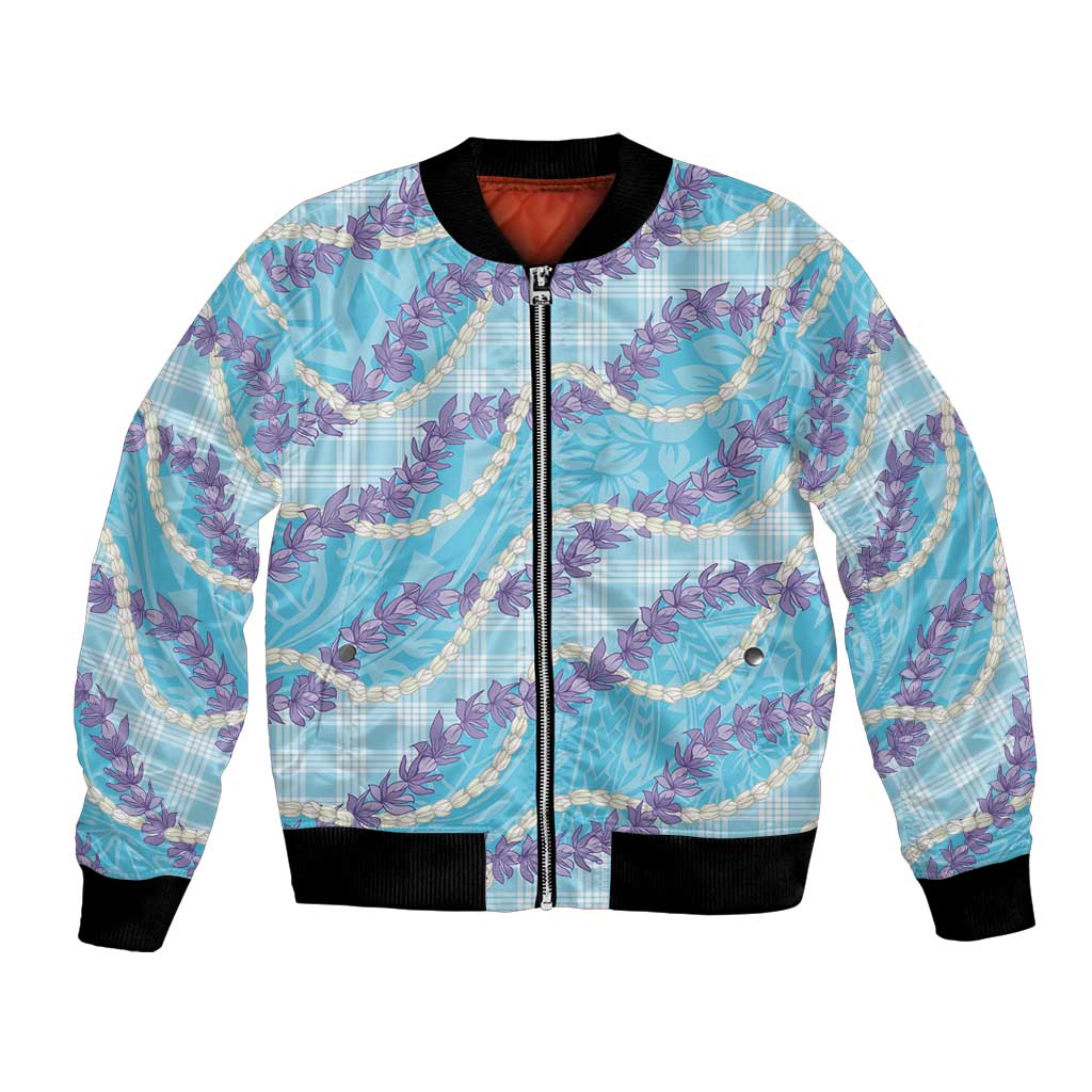Blue Hawaii Palaka Honohono Pikake Bomber Jacket Hawaiian Orchid Lei Polynesian Pattern - Polynesian Pride
