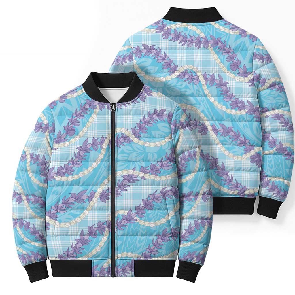 Blue Hawaii Palaka Honohono Pikake Bomber Puffer Jacket Hawaiian Orchid Lei Polynesian Pattern - Polynesian Pride