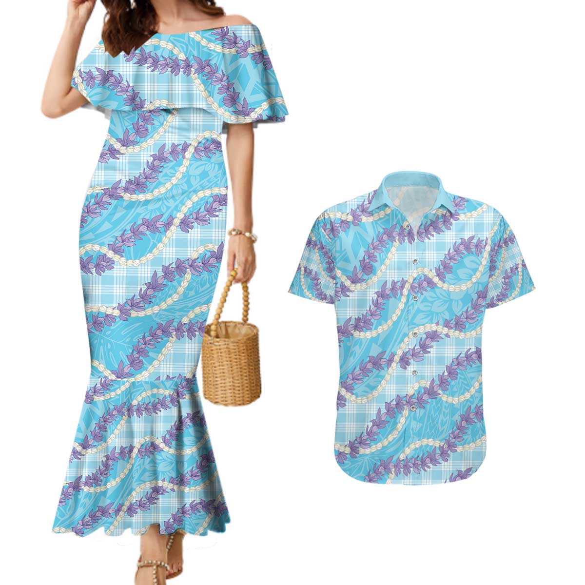 Blue Hawaii Palaka Honohono Pikake Couples Matching Mermaid Dress and Hawaiian Shirt Hawaiian Orchid Lei Polynesian Pattern - Polynesian Pride